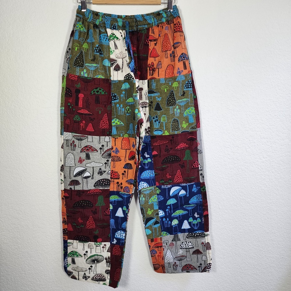 multicolored cotton patchwork pants featuring an allover mushroom print XL